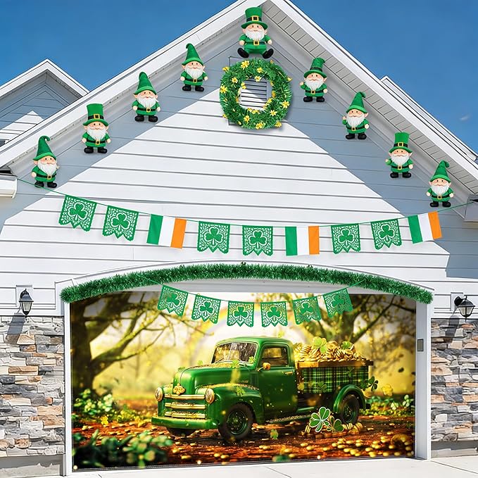 St Patricks Day Garage Door Banner 157.5x70.9in Large Garage Door Cover Outdoor Decorations Green Truck Shamrock Holiday Backdrop with 8 Grommets & 393.7in Rope