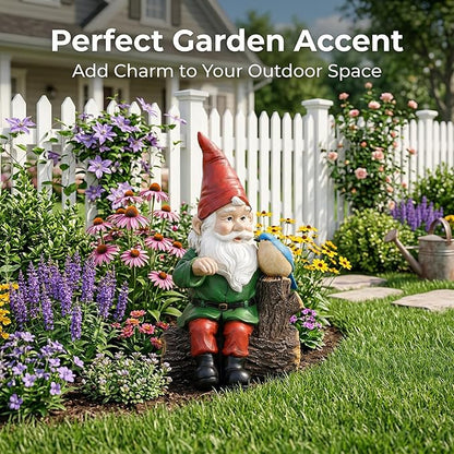Topadorn Garden Gnome Statues with Bird Resin Sculpture Gnome Sitting on the Stump Outdoor Statues for Outdoor Garden Decor