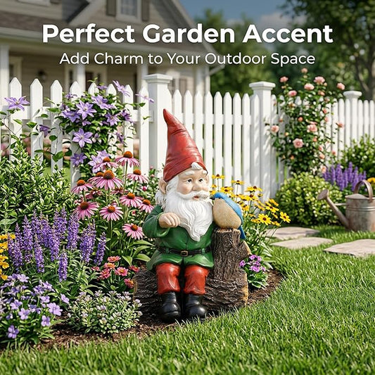 Topadorn Garden Gnome Statues with Bird Resin Sculpture Gnome Sitting on the Stump Outdoor Statues for Outdoor Garden Decor