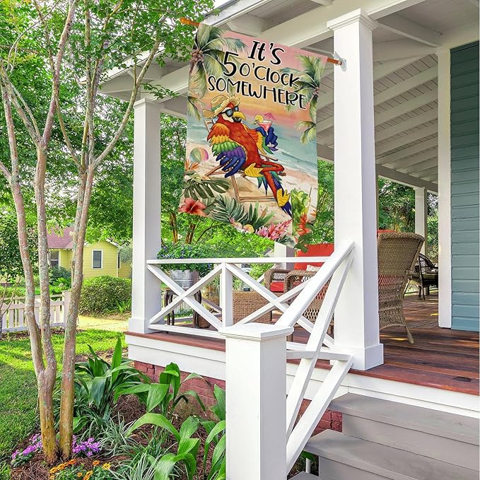 Summer House Flags for Outdoor Decoration, It's 5 O'clock Somewhere Beach Parrot Large Yard Flag, Seasonal Decorative Celebration Decor for Spring Farmhouse Holiday Outside 28x40 Inch Vertical Double Sided