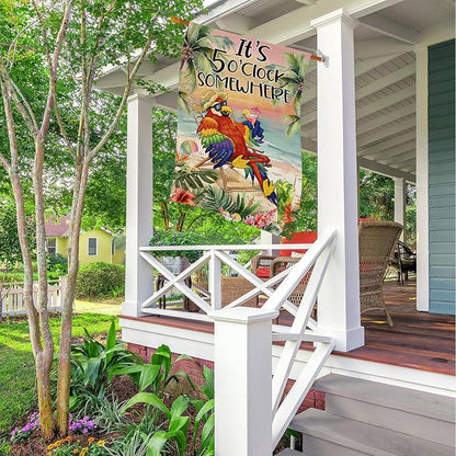 Summer House Flags for Outdoor Decoration, It's 5 O'clock Somewhere Beach Parrot Large Yard Flag, Seasonal Decorative Celebration Decor for Spring Farmhouse Holiday Outside 28x40 Inch Vertical Double Sided