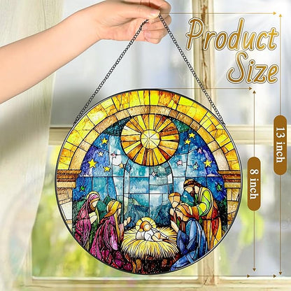 8'' Stained Glass Window Hanging, Nativity Scene Ornament, Christian Christmas Ornament, Holy Family Decoration, Religious Decor, Gift for Christmas, Religious Gifts, Christian Gifts