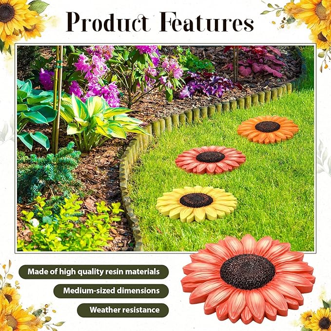 Cinnvoice 3 Pack Garden Stepping Stone Outdoor, Decorative Dimensional Resin Stepping Stones for Patio Pathway Landscaping Walkway Sculpture Yard Backyard Lawn(Sunflower,10 Inches)