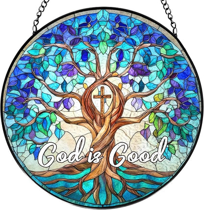 Christian Blue Tree of Life Stained Glass Window Hanging, Tree of Life Stained Glass, God is Good Sun Catchers Indoor Window Decor Birthday for Home Windows Garden Church, 7.9x7.9inch