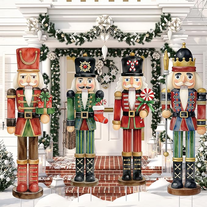 Geetery 4 Pcs Large Nutcracker Yard Sign with 16 Stakes 32 Inch Christmas Yard Decorations Outdoor Holiday Nutcracker Xmas Outside Lawn Decor for Garden Pathway Party(Red, Green,Novel)