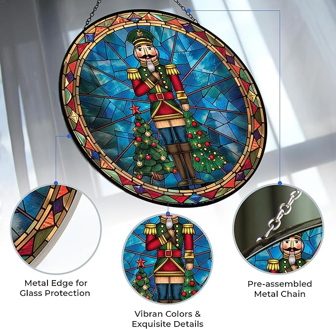 Christmas Nutcracker Standing Suncatchers for Windows,6.3” Stained Glass Window Hangings,Hand-Painted Glass Panel Perfect for Home Décor
