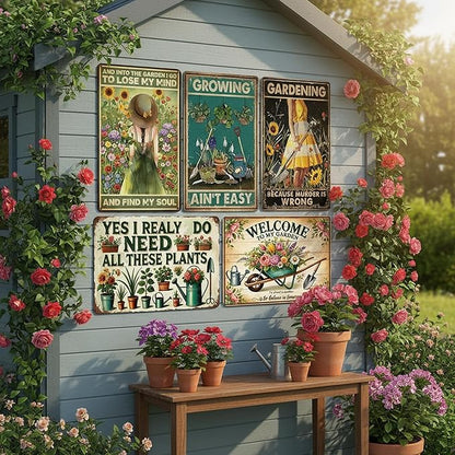 Funny Metal Garden Sign, 8" x 12" Vintage Gardening Decor - 5Pcs Women's Garden Gifts, Weather-Resistant Metal Wall Art for Yard, Backyard, Patio & Porch