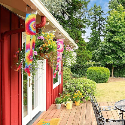 Moukeren 4 Pieces Tie Dye Windsock Flag Rainbow Color Tails Design Rainbow Windsock Flag Outdoor Hanging Decoration for Home Yard Garden Balcony Decoration(40 Inch)