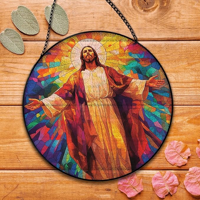 Jesus Christian Suncatcher Stained Glass Window Hanging, Jesus Religious Sun Catchers Indoor Window Glass Round Wall Decor, Christian Wall Art Hanging Decorations, 7.8＂x7.8＂