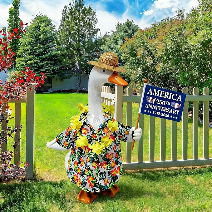 Porch Goose Summer Outfits for 23'' Lawn Porch Goose Clothing Hawaiian Outfits, Summer Lawn Goose Costume, Yard Goose Clothes Hawaiian Wreath with Straw Hat Glasses (with a 250th Years Flag)