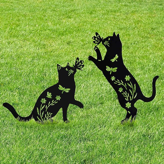 Outdoor cat Metal Garden Statue Black cat Silhouette Outdoor Garden Decoration Outdoor cat Statue for Lawn Yard, cat Art Animal Garden Pile, Lawn Yard Art