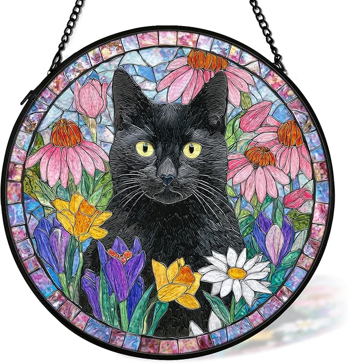 Black Cat Suncatcher Stained Glass Window Hanging Decor Ornaments, Black Cat Owner Memorial Sun Catchers Wall Art Gifts for Women, Floral Flower Garden Lawn Stained Glass Wall Decor, 7.9x7.9In