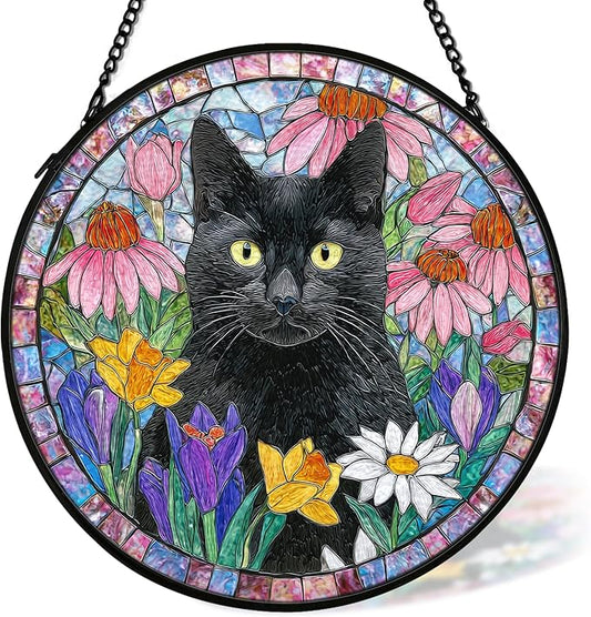 Black Cat Suncatcher Stained Glass Window Hanging Decor Ornaments, Black Cat Owner Memorial Sun Catchers Wall Art Gifts for Women, Floral Flower Garden Lawn Stained Glass Wall Decor, 7.9x7.9In