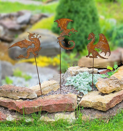 Rusty Fantasy Dragon Garden Stakes Decor, 24 Inch Metal Yard Art Decor, Decorative Garden Stakes Outdoor, Lawn Art Dragons Garden Decorations for outside, Ancient Dragons Garden Statue,Set of 3