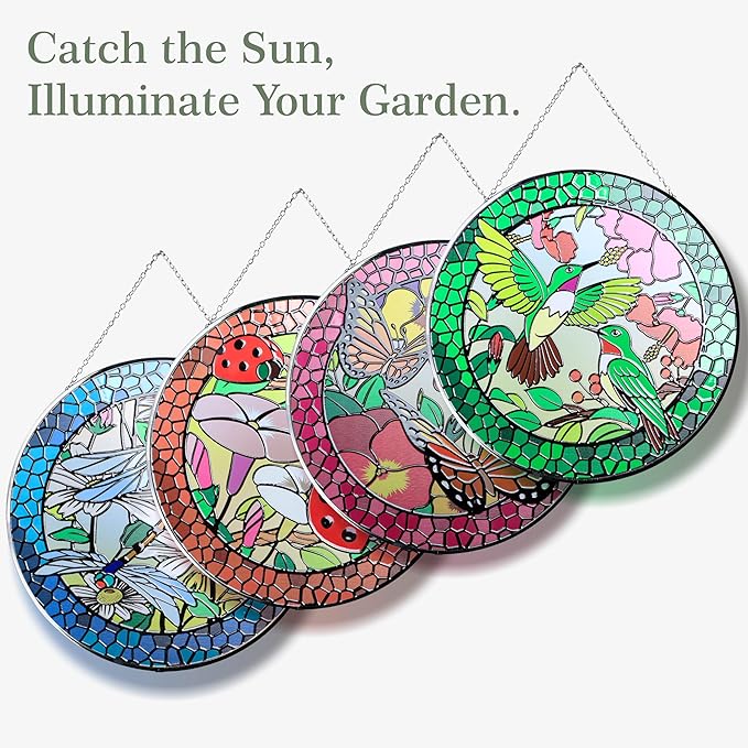 Hanway Suncatcher in Colorful Stained Glass 12" Dia - Genuine Brightly Colored Glass, Protective Metal Edge, Ready to Use Hanging Chain, for Window, Garden (Butterfly 2)