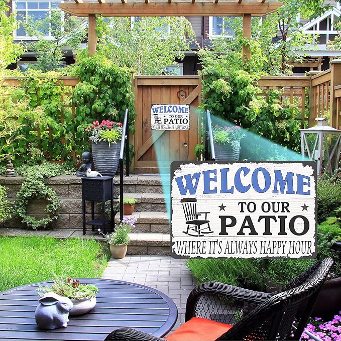 Viodenl Welcome to Our Patio Where It's Always Happy Hour Metal Tin Sign Vintage Cave Bar Porch Garden Patio Wall Decor Patio Sign 8x12inch, 8In W x 12In H