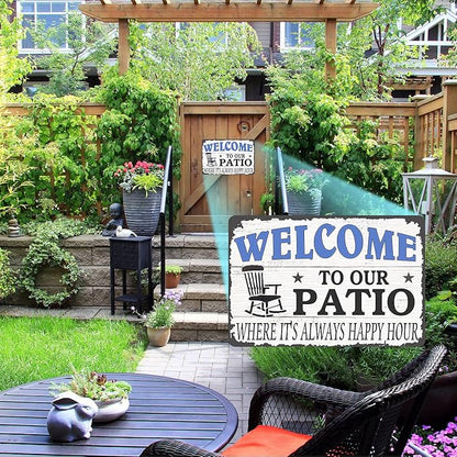 Viodenl Welcome to Our Patio Where It's Always Happy Hour Metal Tin Sign Vintage Cave Bar Porch Garden Patio Wall Decor Patio Sign 8x12inch, 8In W x 12In H
