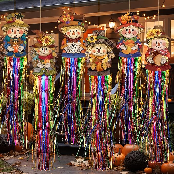 DoubleFill 8 Pcs Thanksgiving Scarecrow Outdoor Hanging Decorations with Tassels Fall Scarecrow Decor Autumn Harvest Yard Signs for Farmhouse Festival 3.3 ft Home Lawn Yard Party Supplies Garden Decor