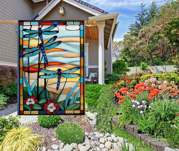 Spring Summer House Flags 28 X 40 Double Sided, Dragonfly Stained Glass Style Flowers Garden Flag Burlap Yard Flags for Outside Seasonal Decoration