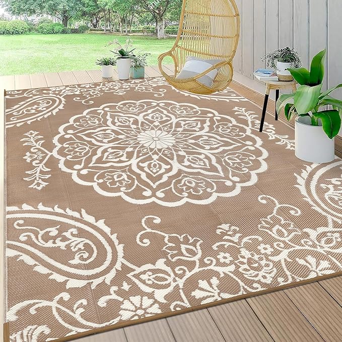 Pauwer Waterproof Outdoor Rug 9x12, Reversible Plastic Straw Patio Camping Rug, Indoor Outdoor RV Mat Carpet for Deck, Camper, Porch, Balcony, Backyard, Picnic, Boho Brown