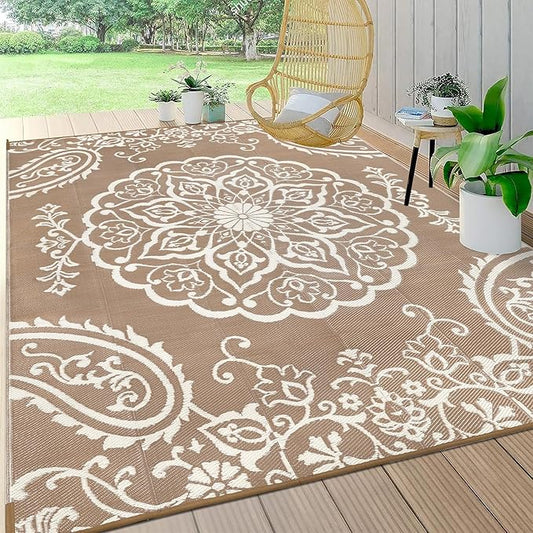 Pauwer Waterproof Outdoor Rug 9x12, Reversible Plastic Straw Patio Camping Rug, Indoor Outdoor RV Mat Carpet for Deck, Camper, Porch, Balcony, Backyard, Picnic, Boho Brown