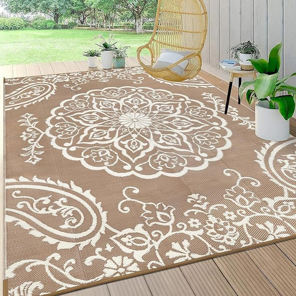 Pauwer Waterproof Outdoor Rug 9x12, Reversible Plastic Straw Patio Camping Rug, Indoor Outdoor RV Mat Carpet for Deck, Camper, Porch, Balcony, Backyard, Picnic, Boho Brown