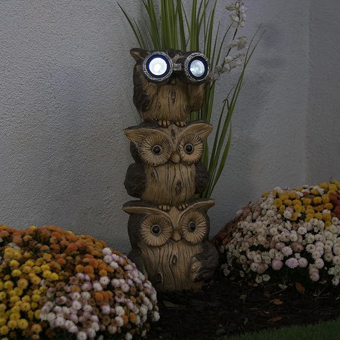 Alpine Corporation 25" Tall Outdoor Solar Powered Binocular Owls Yard Statue with LED Lights