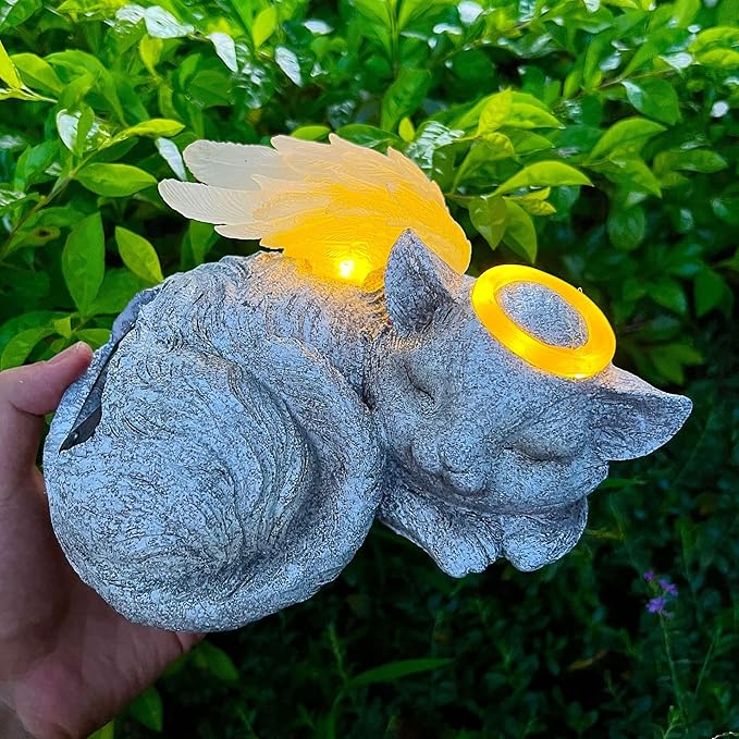Banax Solar Powered Cat Angel Pet Memorial Tombstone Statue, Big Resin Cat Statue with Angel Wings, Pet Tribute for Tombstone or Outdoor Backyard Garden