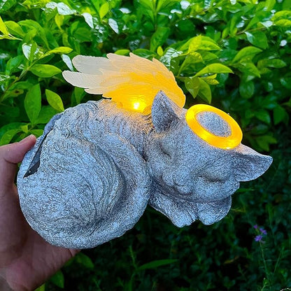 Banax Solar Powered Cat Angel Pet Memorial Tombstone Statue, Big Resin Cat Statue with Angel Wings, Pet Tribute for Tombstone or Outdoor Backyard Garden
