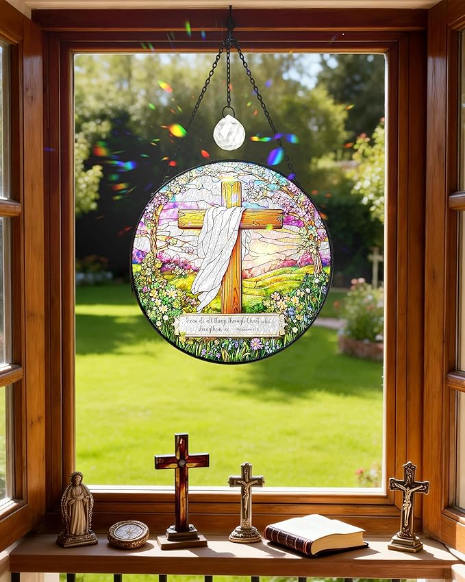 Christian Stained Glass Window Hanging Sun Catcher, Religious Faith for Mom or Grandma, Church Window Decor