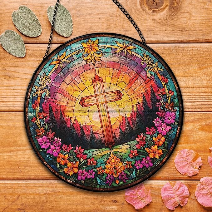 Christian Cross Suncatcher Garden Stained Glass Window Hanging, Christian Flower Sunset Sun Catchers Indoor Window Glass Round Wall Decor, Religious Wall Art Hanging Decorations, ＂7.8x7.8＂