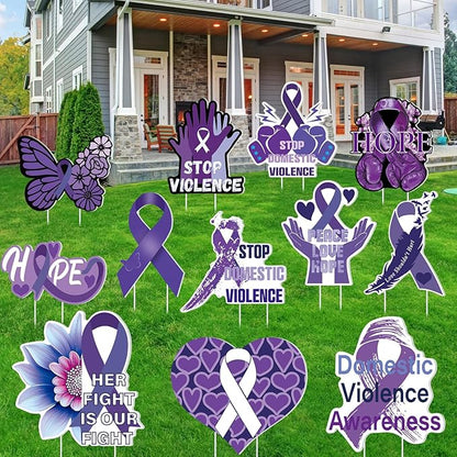 Amyhill 12 Pcs Domestic Violence Awareness Yard Sign Purple Ribbon Garden Lawn Signs with 24 Stake Stop Domestic Violence Purple Ribbon Butterfly Hands Yard Decorations for Outdoor Party Decor