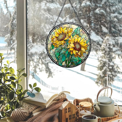 Sunflower Stained Glass Window Hanging Suncatchers, Sunflower Flower Sun Catchers Indoor Window Glass Wall Art Decor, Floral Wall Hanging Decorations Sculptures, 7.9x7.9in