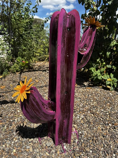 Colorful Metal Saguaro Cactus with Flowers - Handmade Garden Decor (Pink)