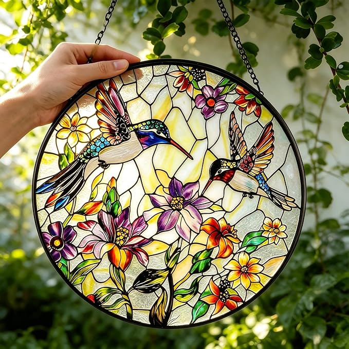 Stained Glass Sun Catcher,HummingbirdsStained Glass Window Hanging Garden Decor,Sun Catchers Indoor Window,Whimsical Decoration for Home Backyard Patio Lawn Porch with 7.9 INCH