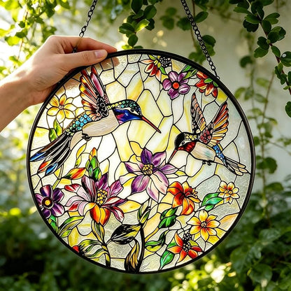 Stained Glass Sun Catcher,HummingbirdsStained Glass Window Hanging Garden Decor,Sun Catchers Indoor Window,Whimsical Decoration for Home Backyard Patio Lawn Porch with 7.9 INCH