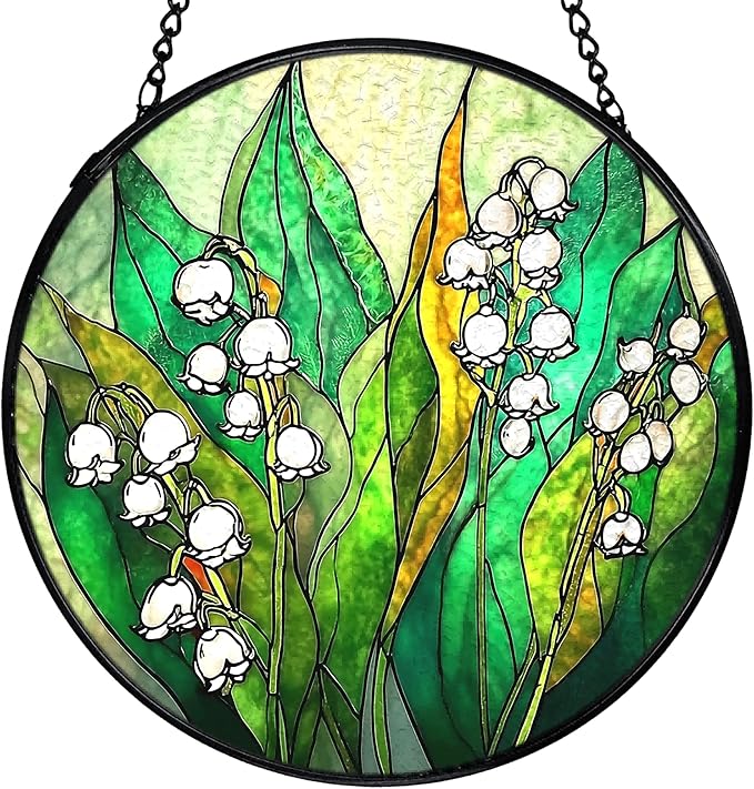 Lily of The Valley Suncatchers Stained Glass Window Hanging, Lily of The Valley Flower Sun Catchers Indoor Window Glass Round Wall Decor, Floral Botanical Wall Hanging Decorations, 7.9x7.9in