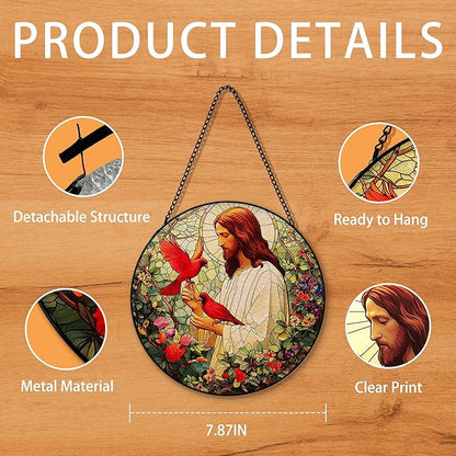 Jesus Cardinal Suncatcher Stained Glass Window Hanging, Christian Jesus Cardinal Flower Sun Catchers Indoor Window Glass Round Wall Decor, Religious Wall Art Hanging Decorations, 7.8＂x7.8＂