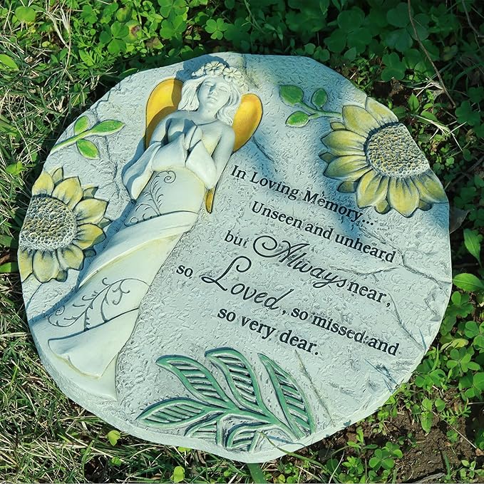 Memorial Garden Stone, Floral Angel with Sunflowers Pattern, Stepping Stone & Wall Decoration – in Loving Memory
