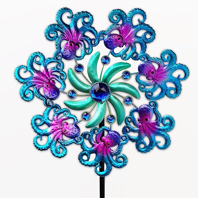Octopus Wind Spinners 49" Garden Spinner Stake Outdoor Large Metal, Windmills Gifts for Mother's Day Birthday Lawn Patio Decor（Blue）