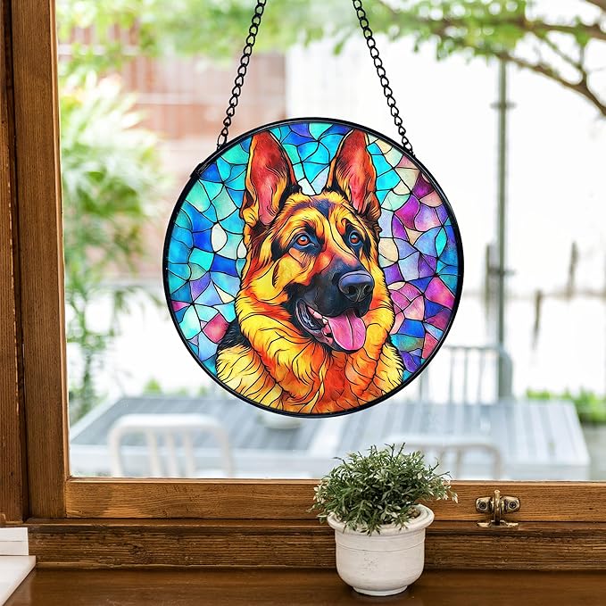 TNUW German Shepherd Dog Stained Glass Window Hanging, German Shepherd Gifts Sun Catchers Indoor Window Glass Round Wall Art Decor, Dog Wall Hanging Decorations, 7.9＂x7.9＂