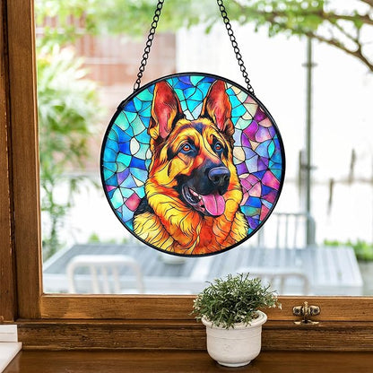 TNUW German Shepherd Dog Stained Glass Window Hanging, German Shepherd Gifts Sun Catchers Indoor Window Glass Round Wall Art Decor, Dog Wall Hanging Decorations, 7.9＂x7.9＂