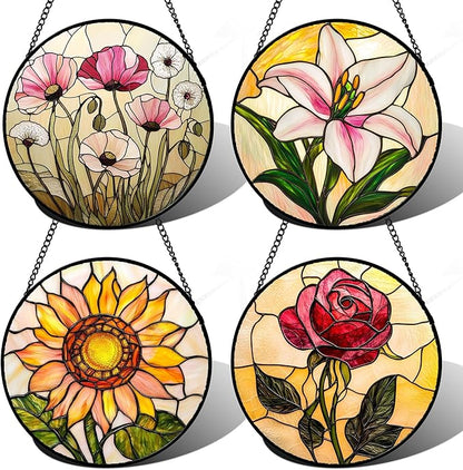 Stained Glass Window Hanging 4 Pcs Set Lily Rose Sunflower Poppy Large 15" - Flower Suncatcher Door Garden Sun Catcher Decor Birthday Mother's Day for Wife Woman Nana Girl