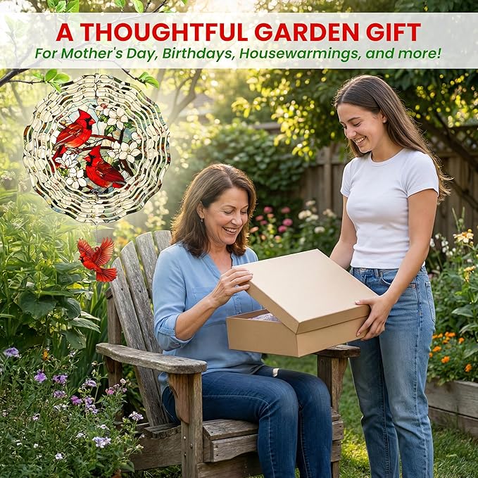 FLAGWIX Cardinal Gifts for Women Men - Cardinal Decor 3D Stainless Steel Wind Spinners Outdoor 12 in - Garden Spinners Outdoor, Cardinals Wind Spinner for Garden Decor, Gardening Gifts for Mom Grandma