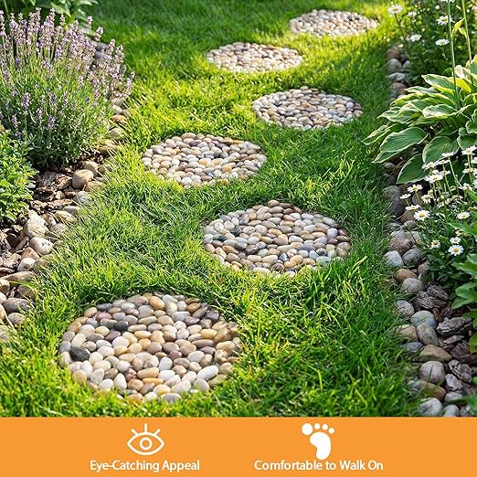 6 PCS River Rock Stepping Stones Outdoor, 12 Inch Diameter Round Pavers Pebbles Polished Gravel for Garden Walkway