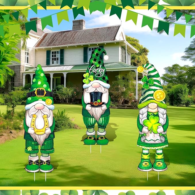 Umigy 3 Pcs St. Patrick's Day Yard Signs Shamrock Gnome Outdoor Decor with Stakes 32 x 10 Inch St. Patrick's Day Lawn Garden Decorations for Home Pathway Walkway