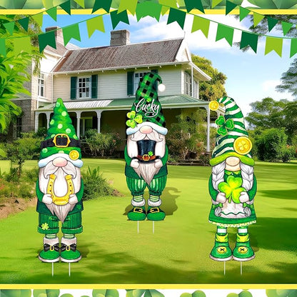 Umigy 3 Pcs St. Patrick's Day Yard Signs Shamrock Gnome Outdoor Decor with Stakes 32 x 10 Inch St. Patrick's Day Lawn Garden Decorations for Home Pathway Walkway