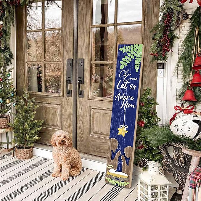 Merry Christmas Porch Sign Let Us Adore Him Wooden Welcome Sign Vertical Xmas Hanging Signs For Standing Front Porch Decor Rustic Wall Decor Home Farmhouse Yard Door Winter Decorations 47.2"H