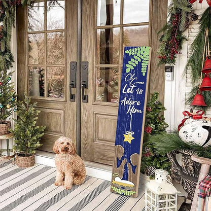 Merry Christmas Porch Sign Let Us Adore Him Wooden Welcome Sign Vertical Xmas Hanging Signs For Standing Front Porch Decor Rustic Wall Decor Home Farmhouse Yard Door Winter Decorations 47.2"H