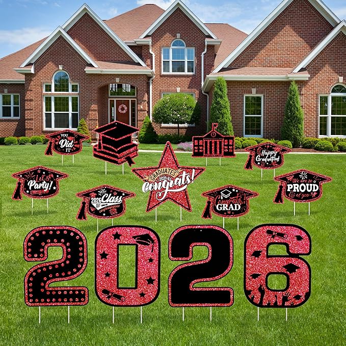 13Pcs Graduation Yard Signs Class of 2026 Large Congrats Grad Sign with Stakes & String Hanging Graduation Decorations for Indoor Outdoor Yard Lawn Porch School (Red)